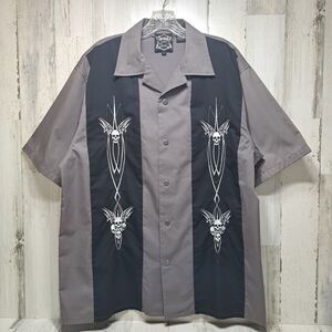 Hard Chrome Mens Snap Down Mechanics Shirt Size L Gray Black Embroidered Skulls